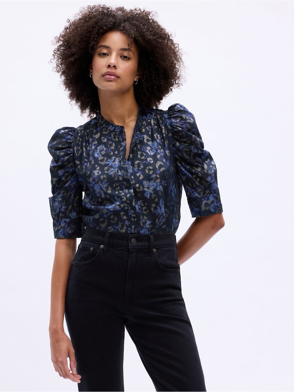 GAP Navy Floral Puff-Sleeve Blouse with Blue and Metallic Accents 100%cotton